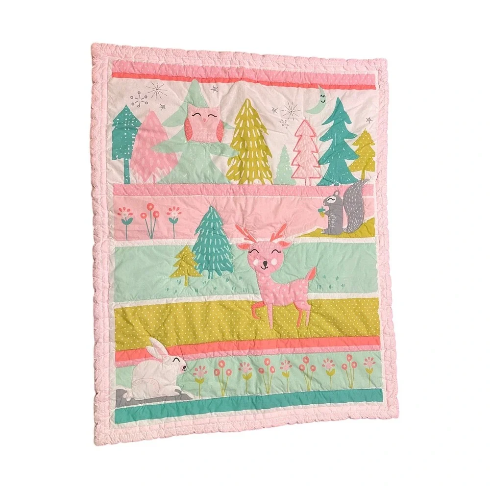 Cloud Island Baby Quilt Woodland Deer Rabbit Pink Nursery Blanket 33x42 Kids Toy